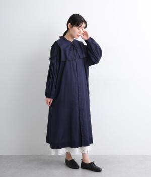 コットンサテンガーゼノーカラーギャザーワンピース(レース襟付き)(ダスクブルー-ONESIZE)