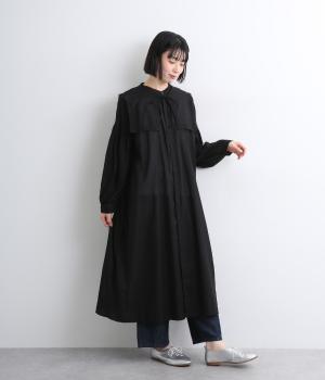 コットンサテンガーゼノーカラーギャザーワンピース(レース襟付き)(ブラック-ONESIZE)