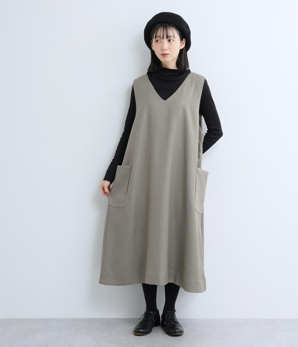 千鳥格子ツイル　Aラインワンピース(ベージュ-F)