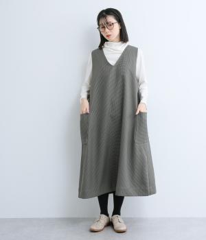 千鳥格子ツイル　Aラインワンピース(グレー-F)