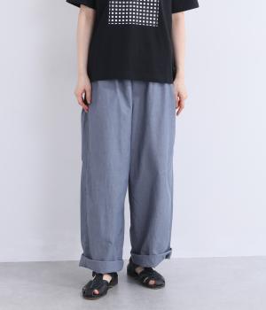 ワッシャーブロードウエスト配色イージーパンツ(ブルーシャンブレー-F)