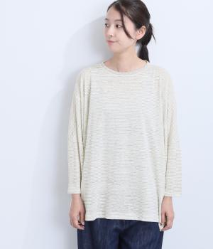 リネンカット9分袖ワイドTシャツ(ホワイト×杢グレー-F)