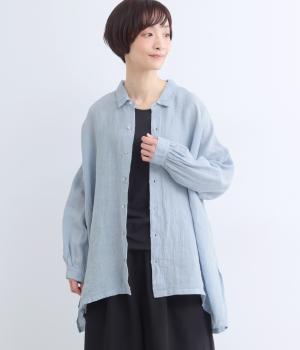 薄リネンシンプルオーバーシャツ(サックスギンガム-F)