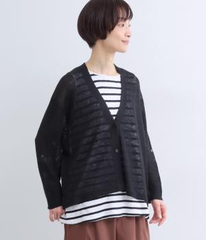 フレンチリネン100%ニットカーディガン(ブラック-F)