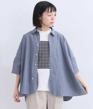 ワッシャーブロードワイド5分袖シャツ(ブルーシャンブレー-F)