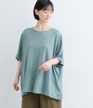 リネンカットスクエアワイドTシャツ(ブルー-F)