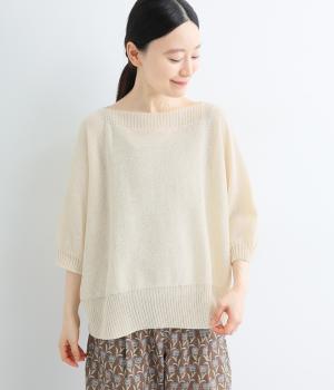 ヘンプコットン×和紙ニット　ワイドVラインニット(ベージュ-F)