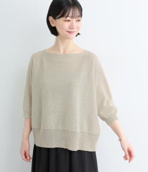 ヘンプコットン×和紙ニット　ワイドVラインニット(グレージュ-F)
