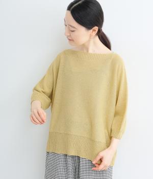 ヘンプコットン×和紙ニット　ワイドVラインニット(モスイエロー-F)