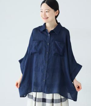 コットンシフォンデニム　ドロップショルダーポンチョシャツ(インディゴ-F)