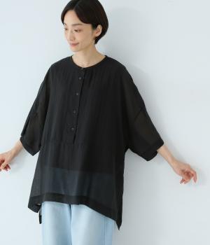 テンセル混シアーローン　バンドカラーボックスチュニック(ブラック-F)