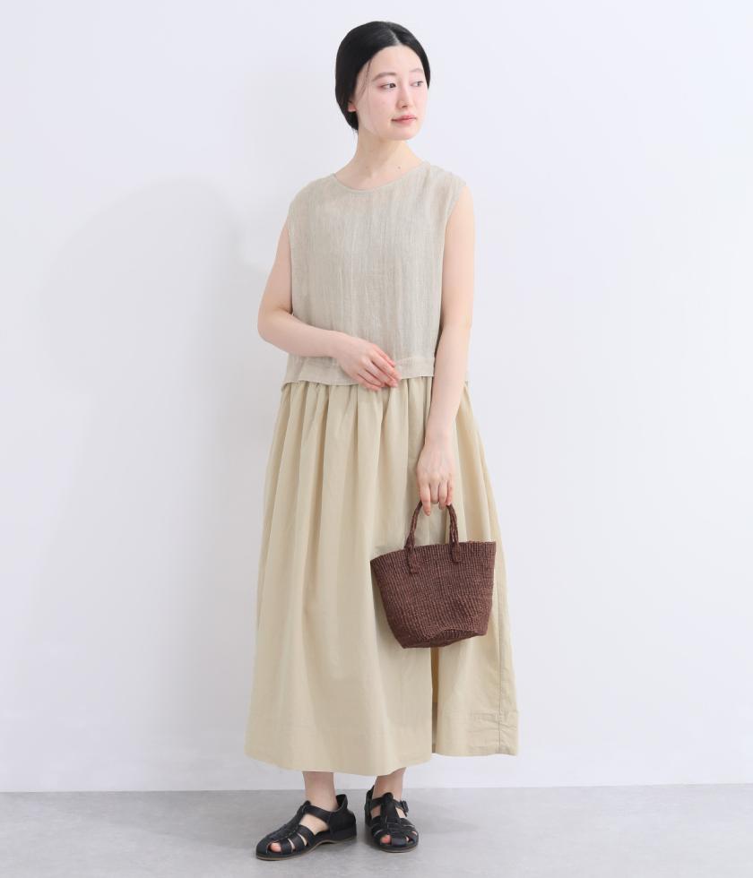 薄リネンノースリーブドッキングワンピース