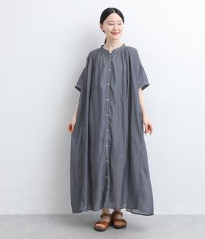 コットンシフォンデニム　ラウンドヨークギャザーワンピース(ブルー-F)