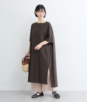 コットン天竺　バックギャザードッキングワンピース(ココアブラウン-F)