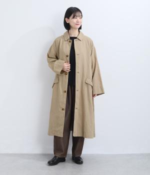 コットンリネンメランジツイル ステンカラーロングコート(キャメルベージュ-F)