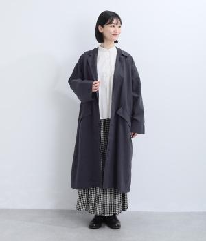 コットンリネンメランジツイル ステンカラーロングコート(ネイビー-F)