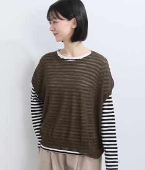 強撚ウール甘編みワイドベスト(ブラウン-F)