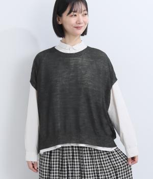 強撚ウール甘編みワイドベスト(チャコール-F)