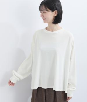 コットン天竺 モックネック長袖ワイドTシャツ(オフホワイト-F)