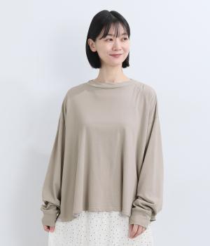 コットン天竺 モックネック長袖ワイドTシャツ(シルバーグレー-F)