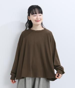 コットン天竺 モックネック長袖ワイドTシャツ(ココアブラウン-F)