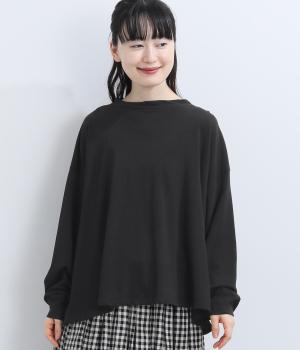 コットン天竺 モックネック長袖ワイドTシャツ(ブラック-F)