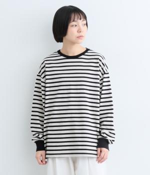 コットン天竺 フライス使い長袖Tシャツ（グレージュ×ブラック・F）
