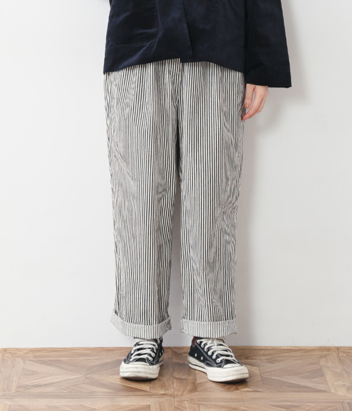 ヒッコリーゆるパンツ(オフホワイト×ブラック-ONESIZE)