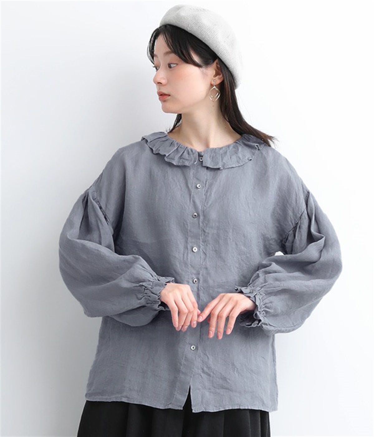 リネンフリルギャザーブラウス(ライトブルー-ONESIZE)