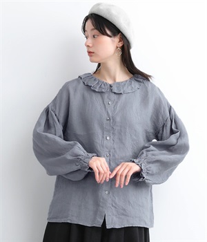 リネンフリルギャザーブラウス(ライトブルー-ONESIZE)