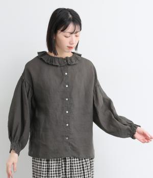 リネンフリルギャザーブラウス(チャコール-F)