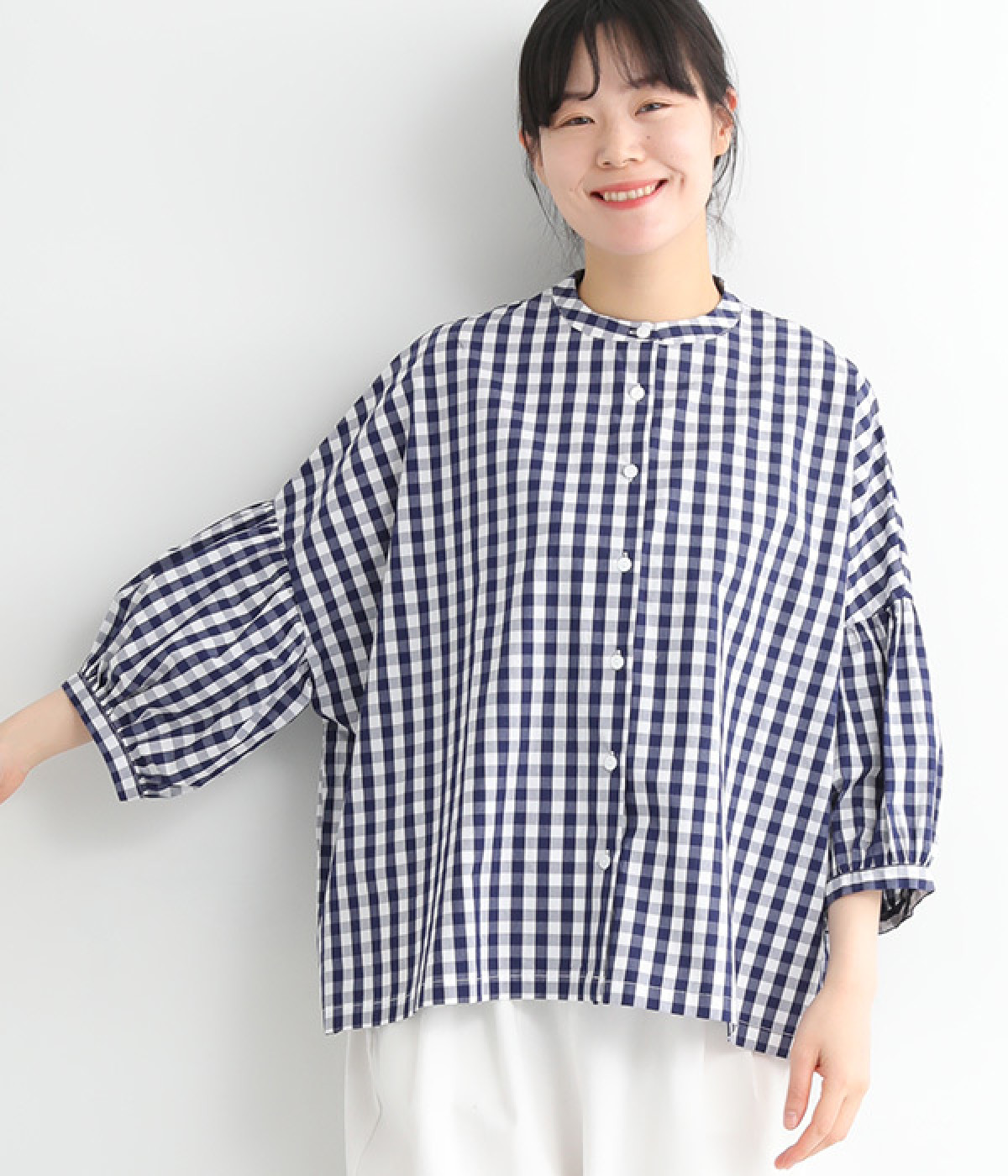 先染めブロードワイドギャザースリーブ7分袖ブラウス(ギンガムチェック-ONESIZE)