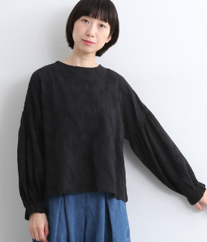 レースジャカード袖ギャザーブラウス(ブラック-ONESIZE)