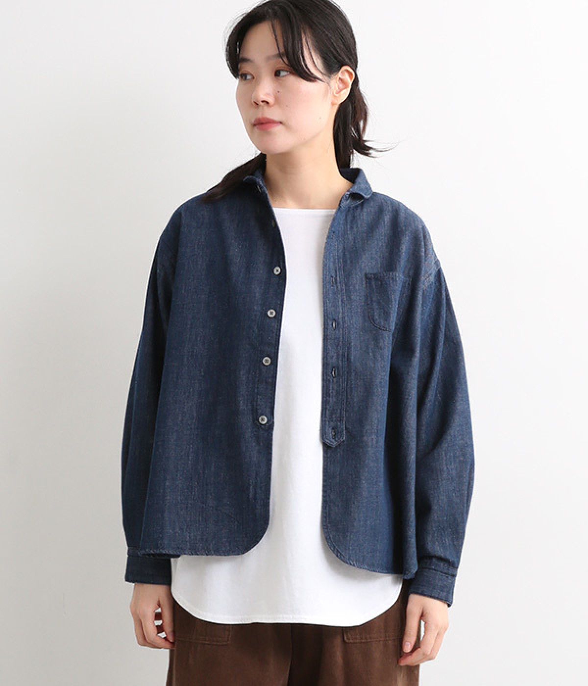 デニムちび丸襟長袖ブラウス(ネイビー-ONESIZE)