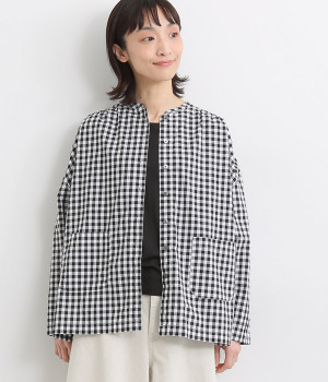 コットンリネン先染めギンガムチェックエアリーシャツジャケット(ギンガムブラック-ONESIZE)