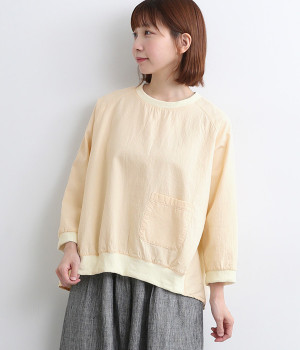 二重織ツイル襟リブラグラン8分袖プルオーバーブラウス(オフホワイト-ONESIZE)