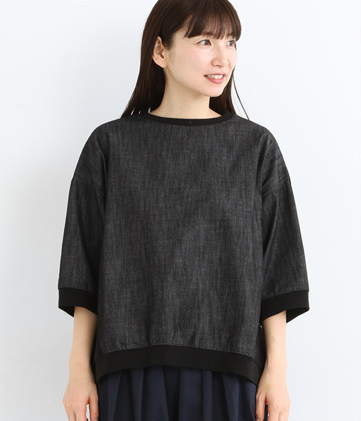 コットンデニム×カットソーワイド7分袖プルオーバー(ブラック-ONESIZE)
