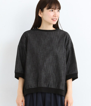 コットンデニム×カットソーワイド7分袖プルオーバー(ブラック-ONESIZE)