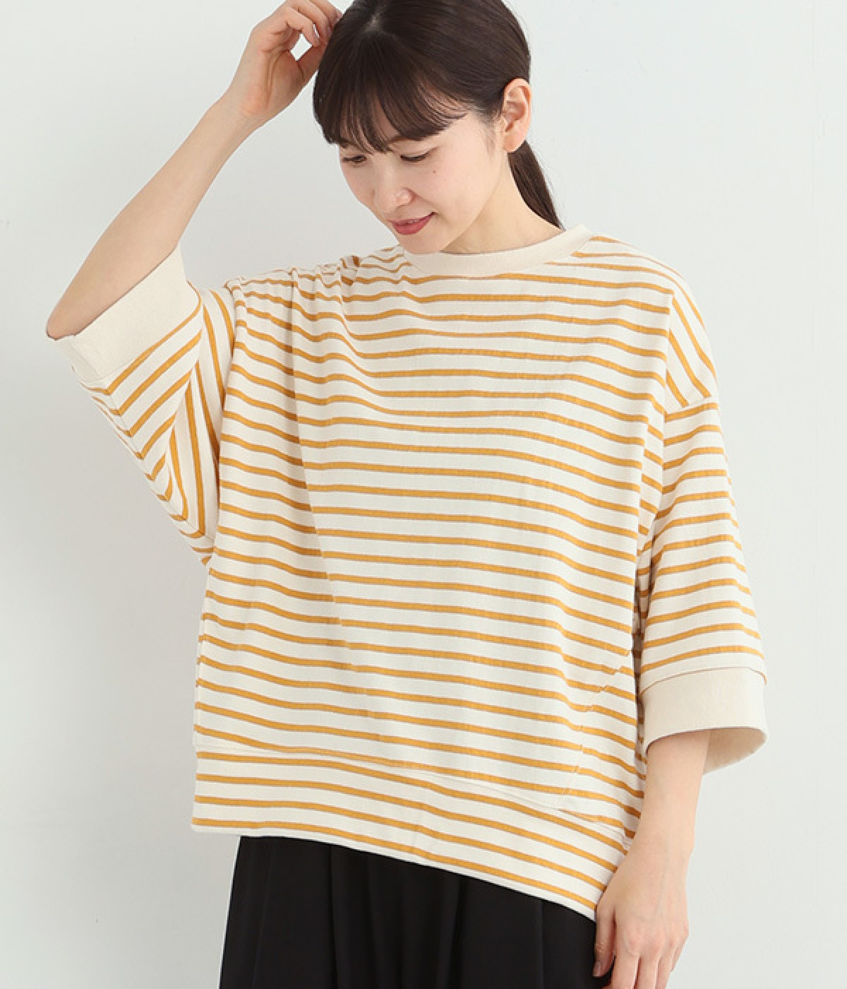 コットン天竺先染めボーダーワイドTシャツ(イエロー-ONESIZE)