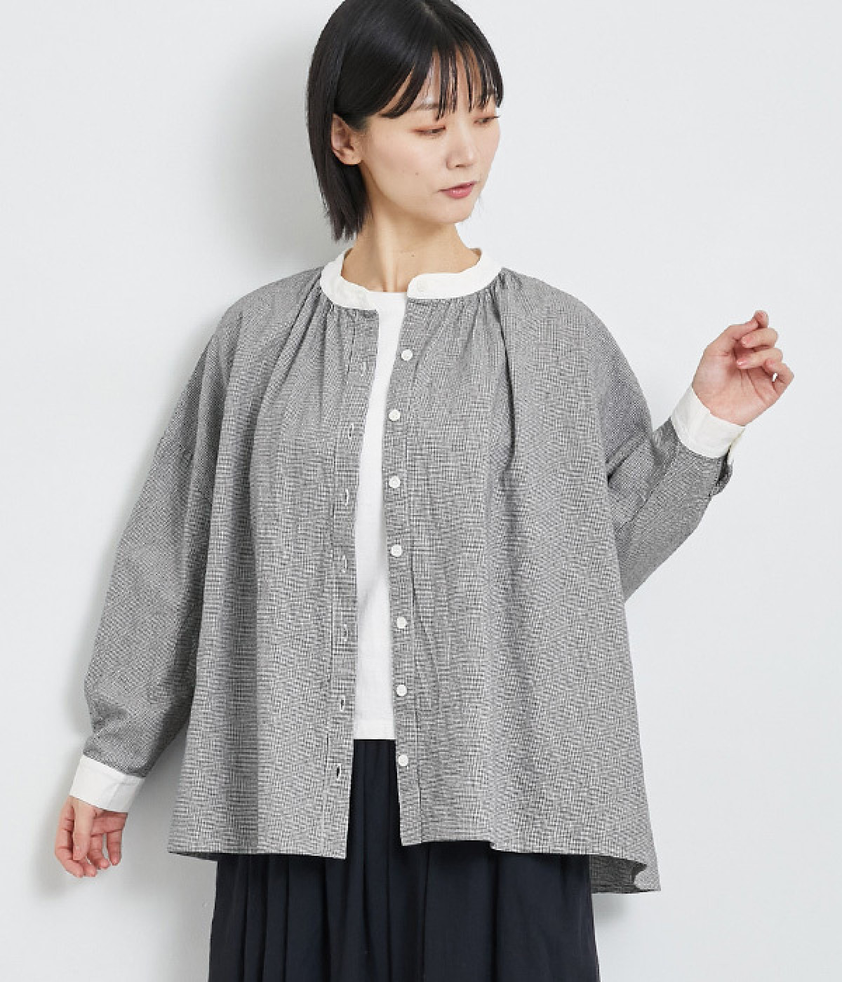 コットン先染めチェック＆ストライプ クレリックワイド長袖ブラウス(千鳥格子-ONESIZE)