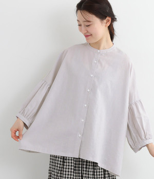 コットンリネンワイドギャザースリーブ7分袖ブラウス(アイスグレー-ONESIZE)