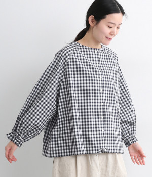 コットン先染め裾スピンドル長袖ブラウス(ネイビーギンガム-ONESIZE)