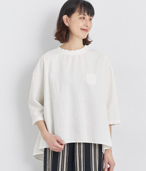 コットンリネンリブクルーネックプルオーバー7分袖ブラウス(アイボリー-ONESIZE)