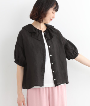 リネンフリルカラーブラウス(ブラック-ONESIZE)