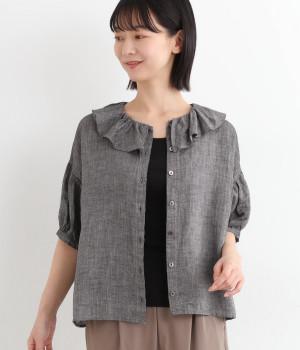 リネンシャンブレーフリルカラーブラウス(ブラック-ONESIZE)