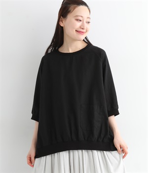 コットンリネンリブ付きコクーンプルオーバー(ブラック-ONESIZE)