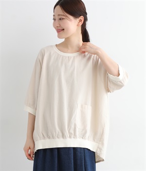 コットンリネンリブ付きコクーンプルオーバー(アイボリー-ONESIZE)