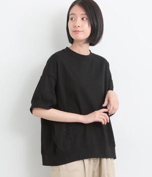 コットン天竺ワイド5分袖Tシャツ(ブラック-ONESIZE)