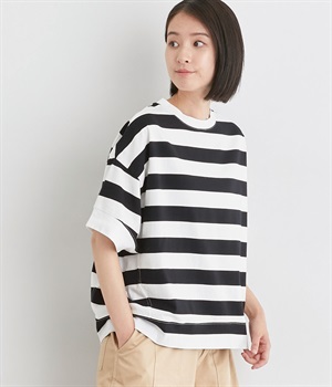 コットン天竺ボーダーワイド5分袖Tシャツ(オフホワイト×ブラック/太ピッチ-ONESIZE)