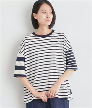 コットンマルチボーダー天竺5分袖プルオーバー(オフ×ネイビー-ONESIZE)